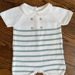 La Coqueta White and Sage Green Stripe Cotton Knitted Playsuit Size 6M